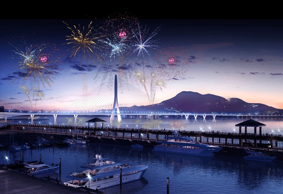 預料淡江大橋完工後將成為淡水地標，慶典施放煙火模擬圖