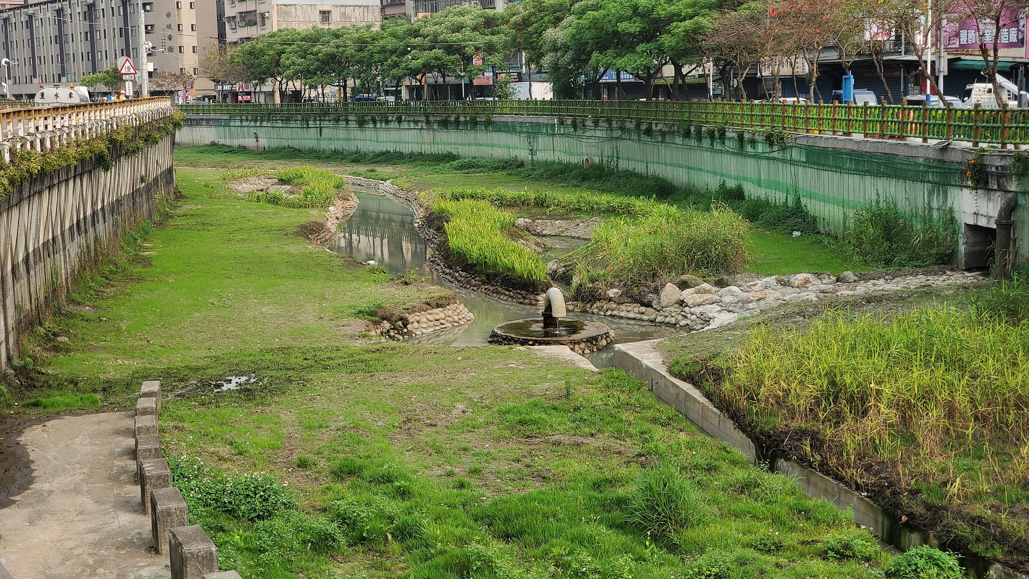 河道兩側及堤壁種植炮仗花、馬櫻丹、薜荔等相關蔓藤類植栽