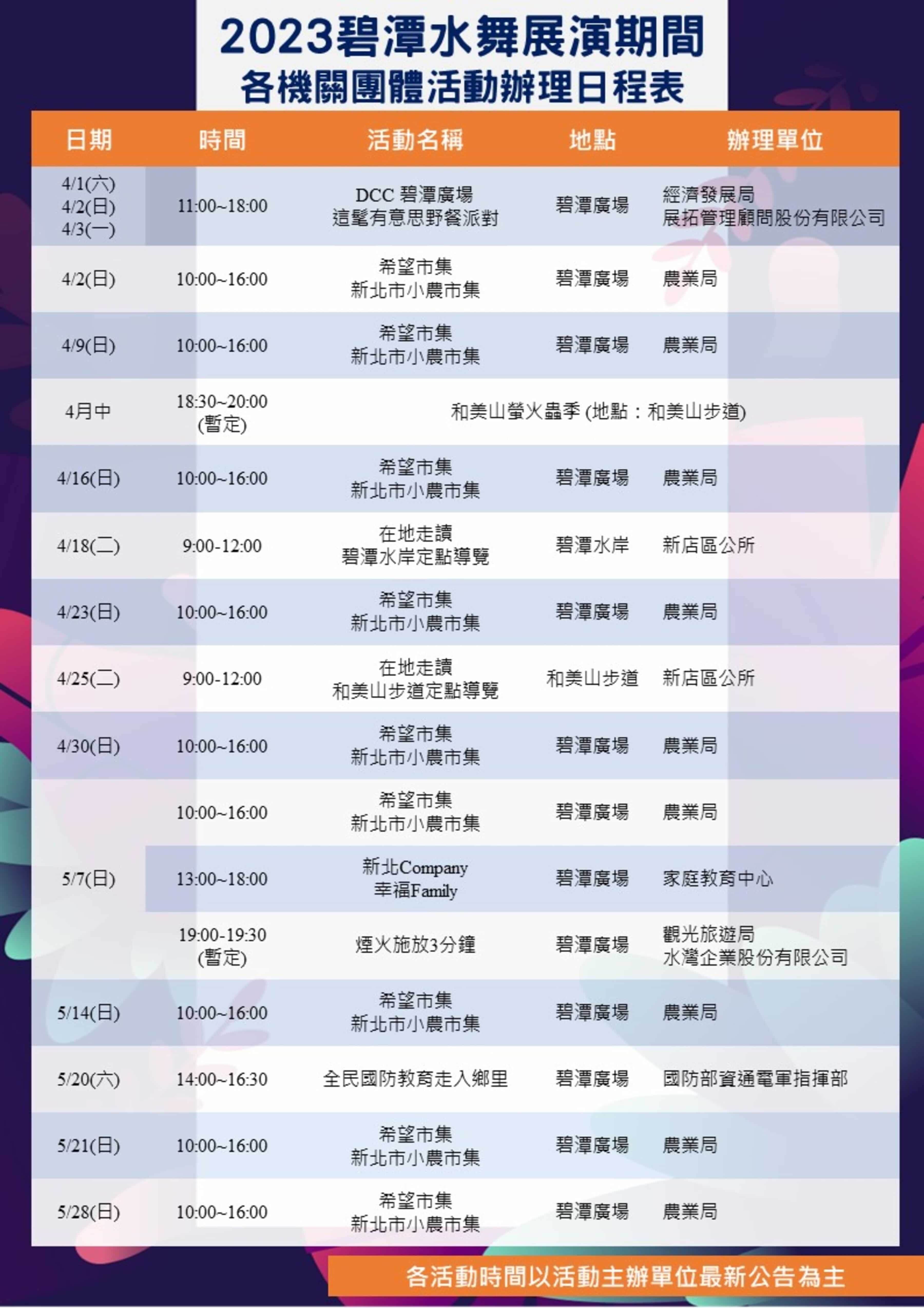 2023碧潭水舞展演期間各機關團體活動辦理日程表